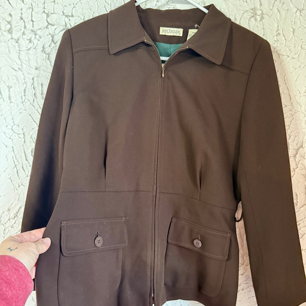 Ann Taylor Wool Jacket Brown 12P Petite Zip Blazer Minimalist Workwear
